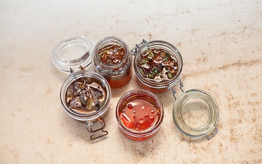 To make a herbal-infused honey, add dried herbs to a jar until it’s a little over half full and cover with honey. Allow to infused for up to six weeks before using. 