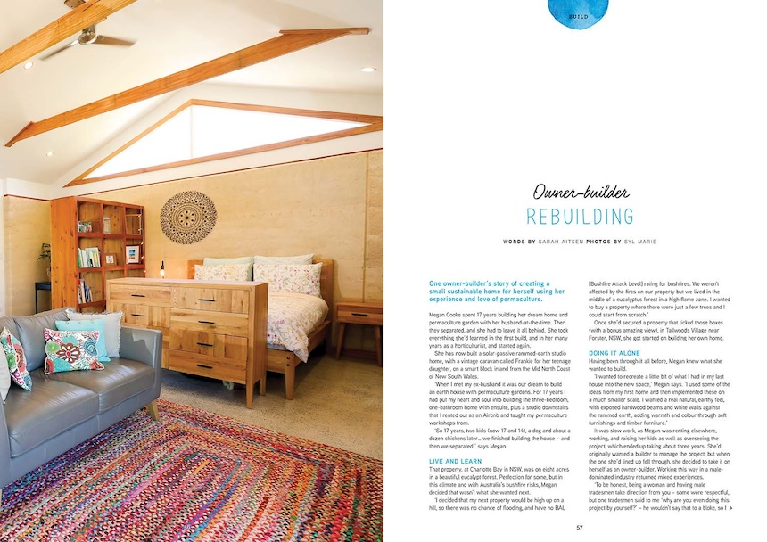 One owner-builder’s story of creating a small sustainable home for herself using her experience and love of permaculture.